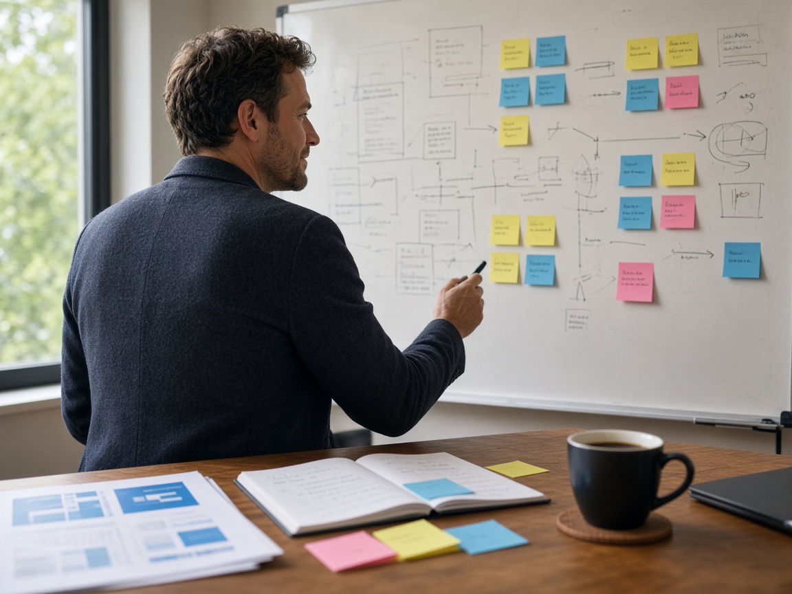 A consultant at a whiteboard with a printed deck and notes on the table.