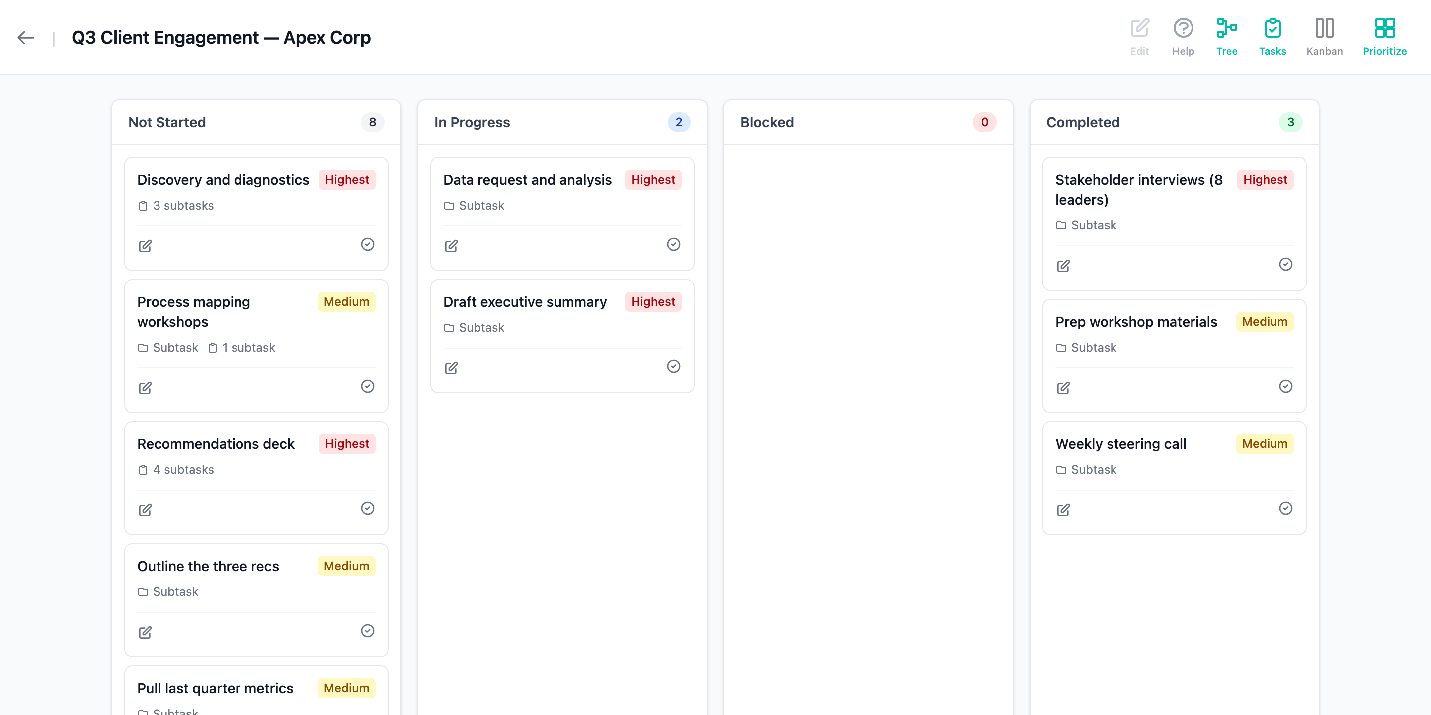 The same project on a Kanban board with Not Started, In Progress, and Completed columns.