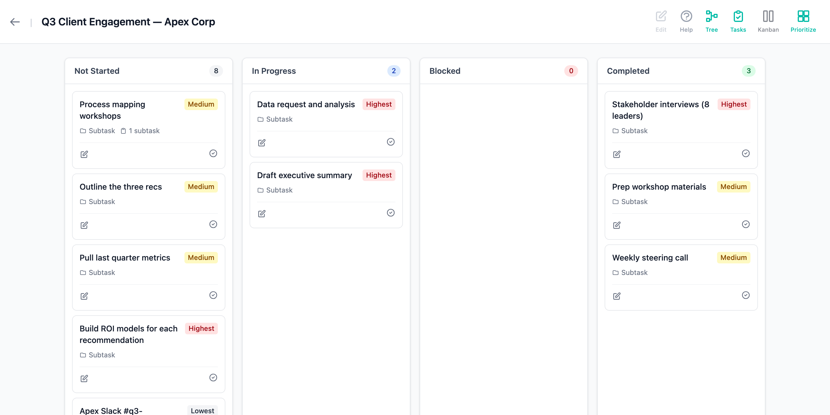 The same project on a Kanban board with Not Started, In Progress, and Completed columns.