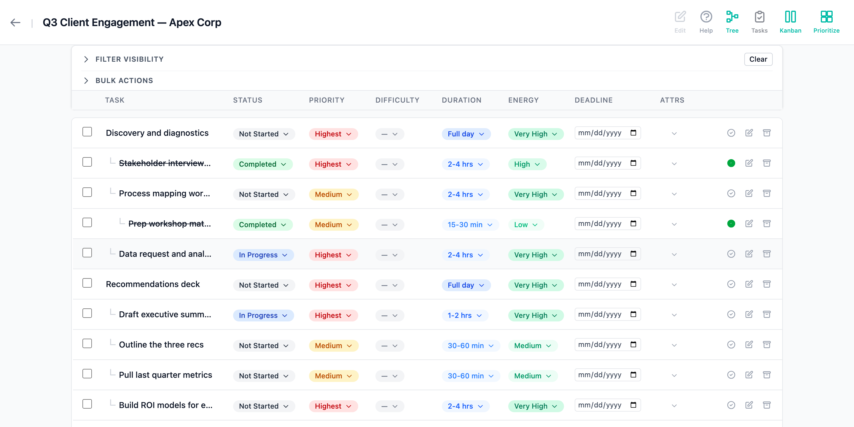 The same project as a task list, with discovery, recommendations, and a client presentation.